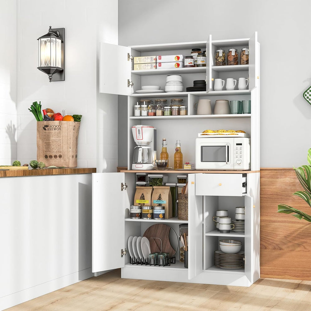 71" Tall Kitchen Hutch, Modern Pantry Storage Cabinet with Power Outlets...