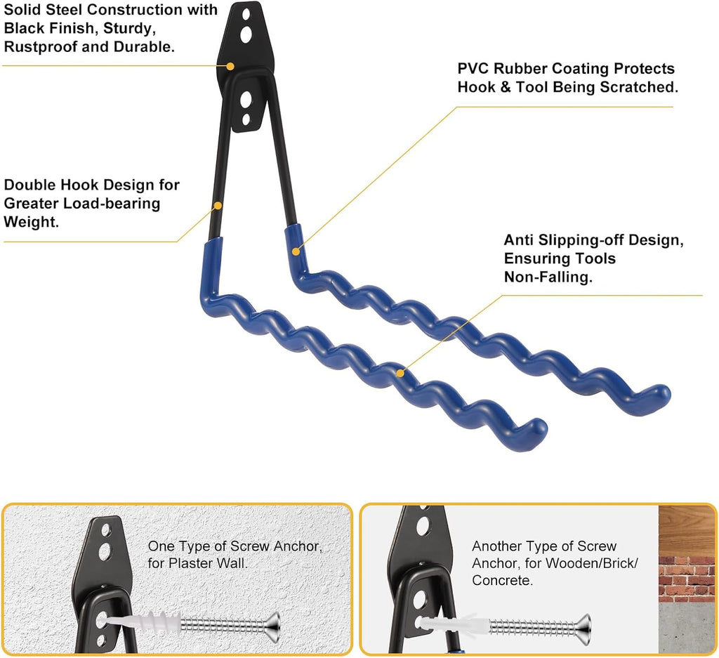 Wall Mounted Garage Hooks Tool Organizer, 10 Inch Garage Storage Hook Heavy Duty Utility Wall Hangers Blue for Ladders, Hose, Garden Tools, Set of 4