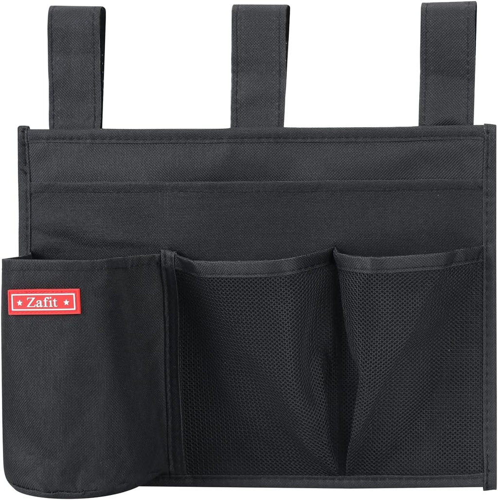 Hanging Bedside Caddy, Bedside Storage Organizer for Magazine, Phone, Remote control (4 Pockets-Black)