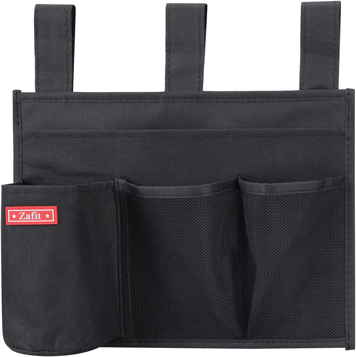 Hanging Bedside Caddy, Bedside Storage Organizer for Magazine, Phone, Remote control (4 Pockets-Black)