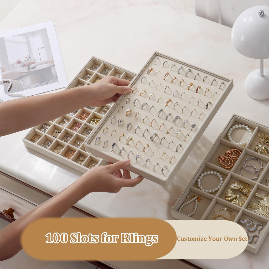 Large Jewelry Organizer for Drawer Insert Velvet Stackable Jewelry Trays for Earring Necklace Bracelet Ring Display (Beige, Ring 100 Slots)