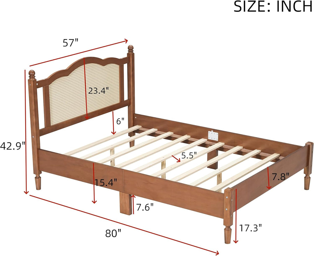 Full Size Wood Bed Frame with Rattan Headboard, Solid Wood Platform Bed Frame...