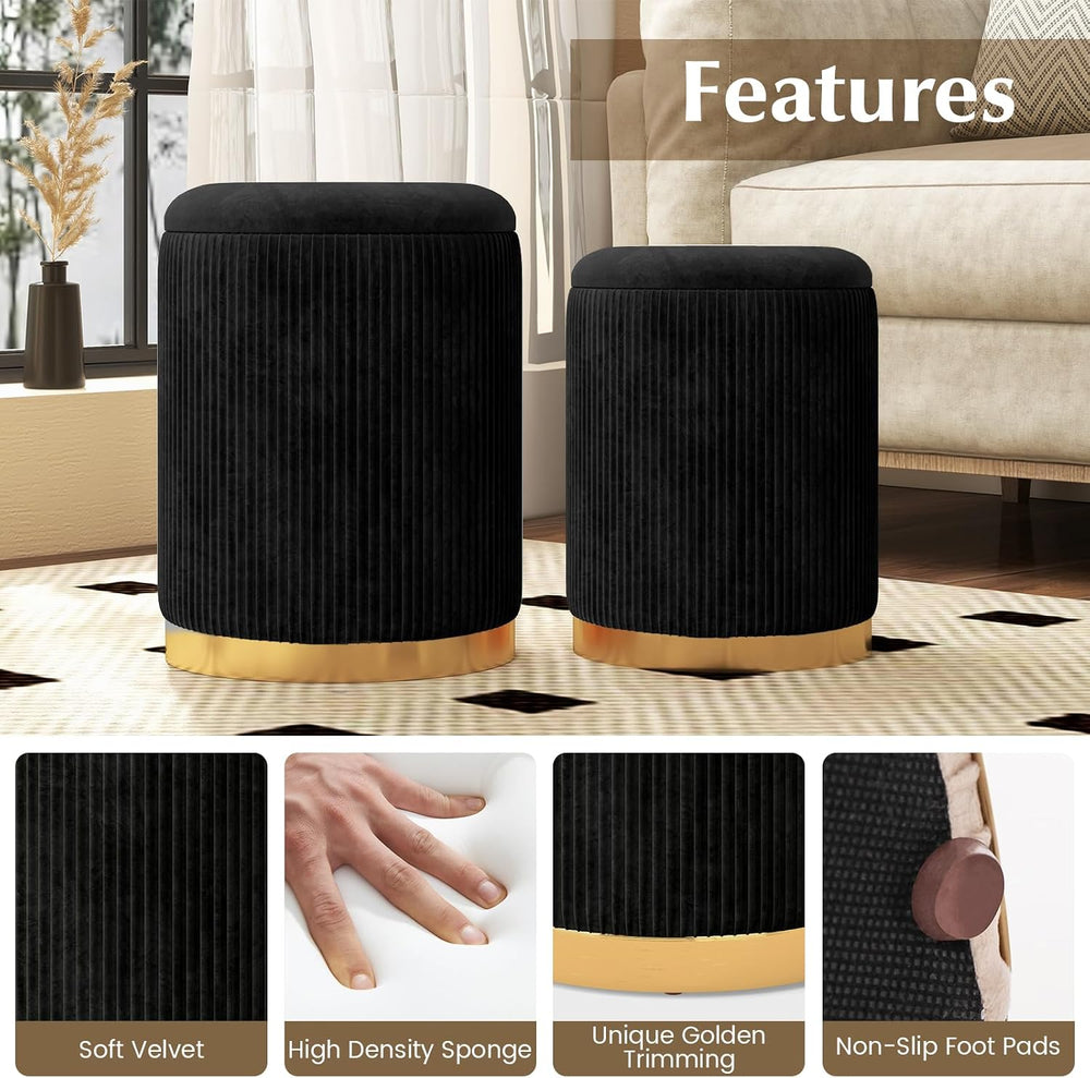 GOFLAME Round Velvet Storage Ottoman Set of 2, Upholstered Footrest with Gold...