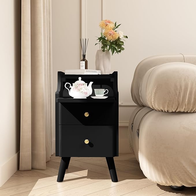 Narrow Nightstand, Solid Wood Night Stand with 2 Drawers, White Mid Century M...