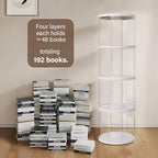 4 Tier Rotating Bookshelf, Small Corner Bookshelf for Small Space, 360 Display Floor Standing Bookcase, Plastic Narrow Book Organizer Shelf for Bedroom, Living Room, Round, White, Lazy Susan