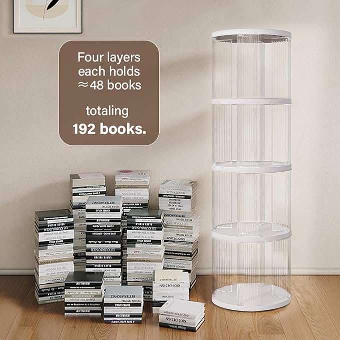4 Tier Rotating Bookshelf, Small Corner Bookshelf for Small Space, 360 Display Floor Standing Bookcase, Plastic Narrow Book Organizer Shelf for Bedroom, Living Room, Round, White, Lazy Susan