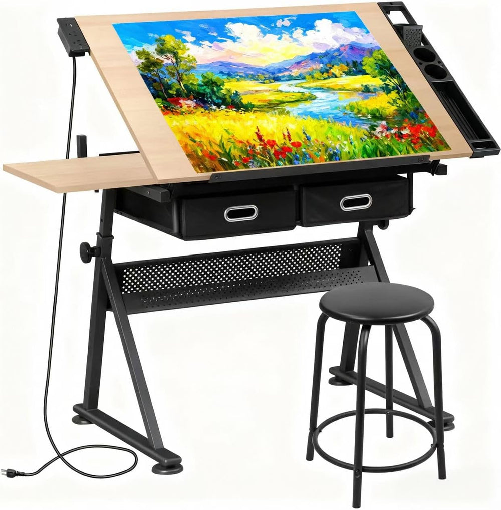 ZENY Adjustable Drafting Table with Stool Tilting Drawing Desk Artist Table