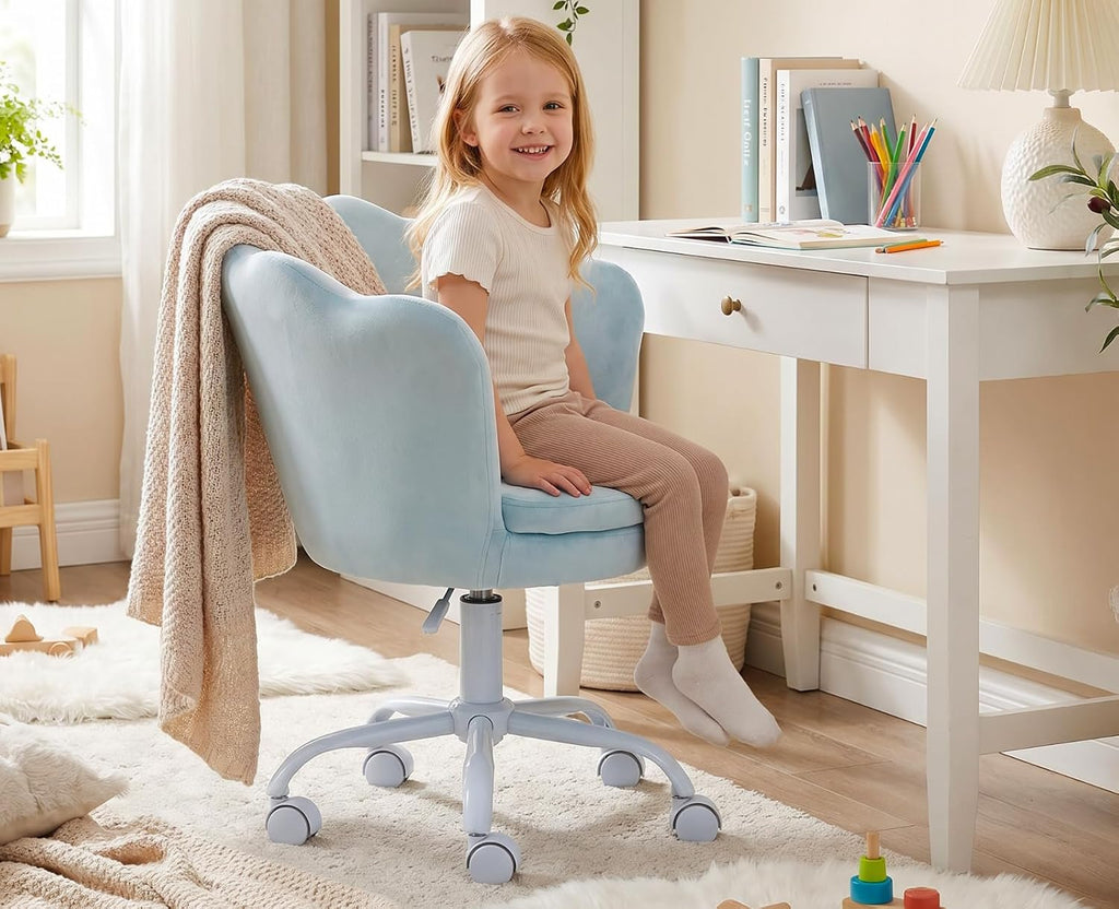 CIMOTA Cute Kids Desk Chair,Velvet Bedroom Chair Adjustable Child Computer Chair Swivel Shell Vanity Chairs for Girls Bedroom/Study Room, Light Blue
