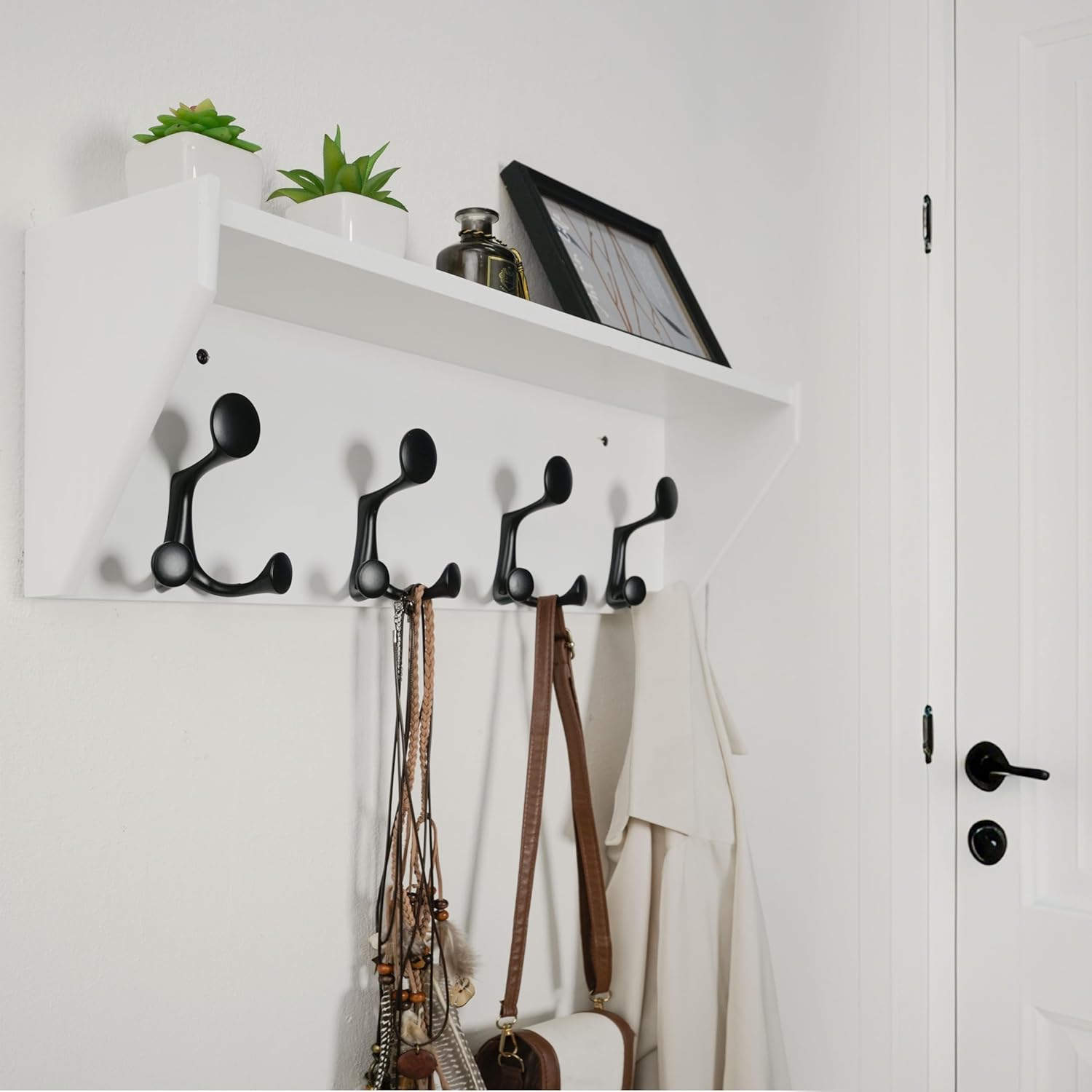 WEBI Wall Shelf with Hooks Underneath,24” Long Wall Mounted Coat Rack with Shelf,Entryway Coat Rack with 4 Triple Hooks for Hanging Coats,Jacket,Hallway,Bedroom,Mudroom,White
