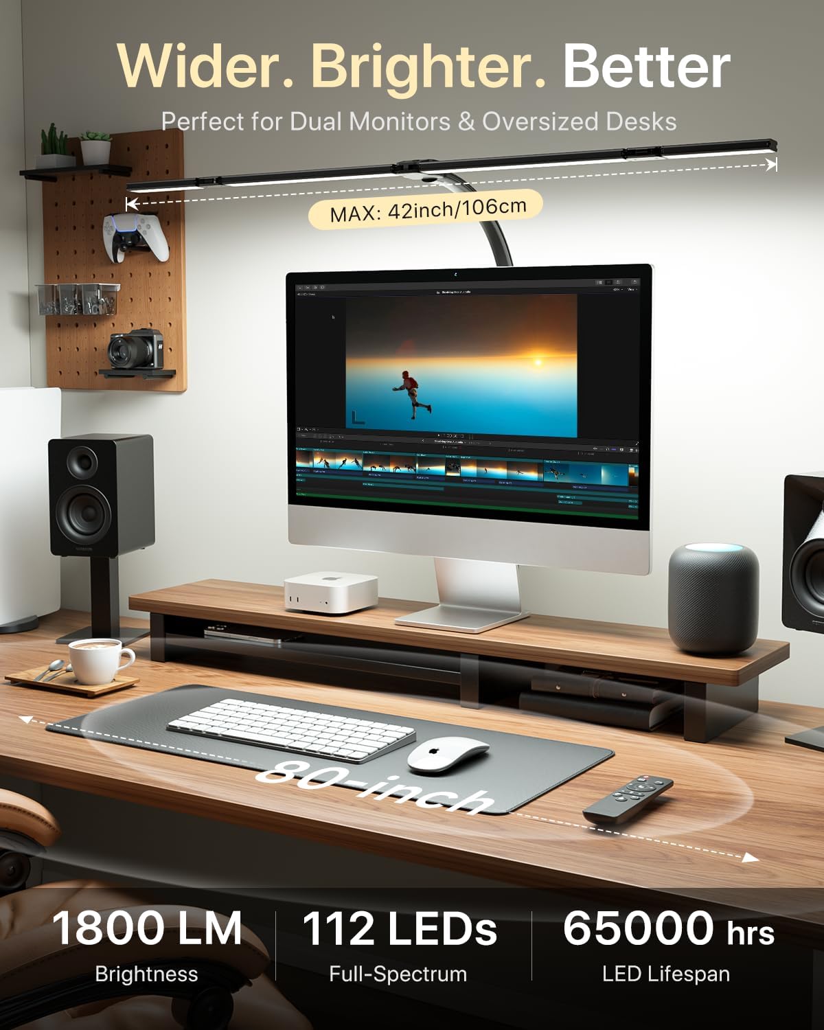ONEMIX 42" LED Desk Lamp for Home Office, Eye-Caring Desk Light with Adjustable 4-Segment Bar, 1800LM Bright, Remote, Architect Table Lamp with Base for Dual Monitors, Reading, Study, Workbench(Black)