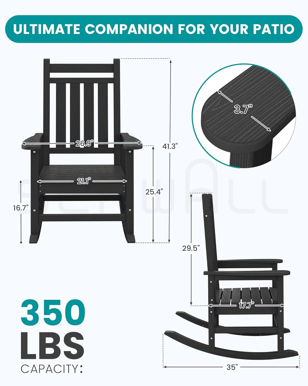 SERWALL Outdoor Rocking Chair Set of 2, HDPE Rocking Chairs for Adult, Black