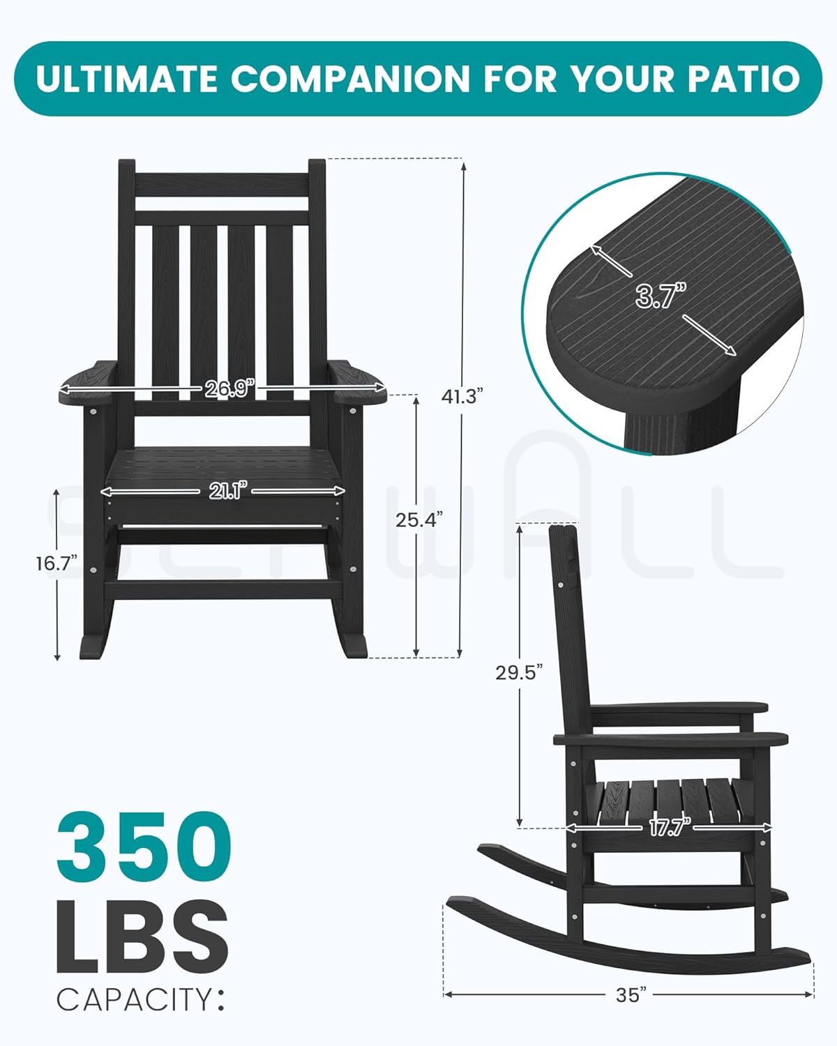 SERWALL Outdoor Rocking Chair Set of 2, HDPE Rocking Chairs for Adult, Black