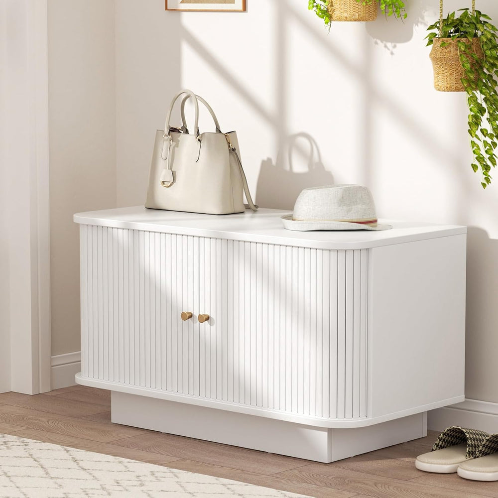 AKMAKM Fluted Entryway Bench with Shoe Storage, 31" W Small Shoe Bench w...