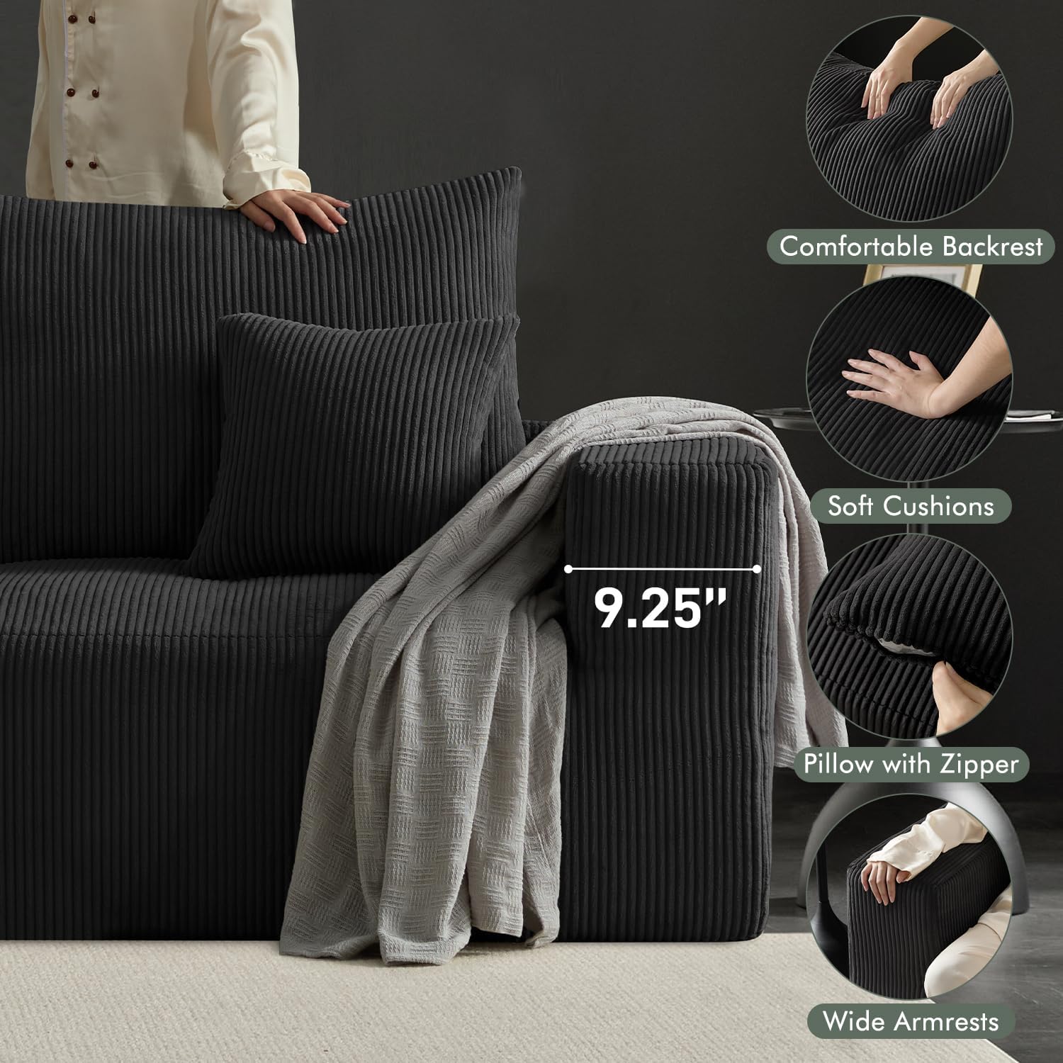 113" Modular Sectional Sofa Boneless U-Shaped Couches for Living Room | Modern Corduroy Cloud Couch Sofa with Memory Foam Deep Seat and Non-Slip Base, No Assembly, Black