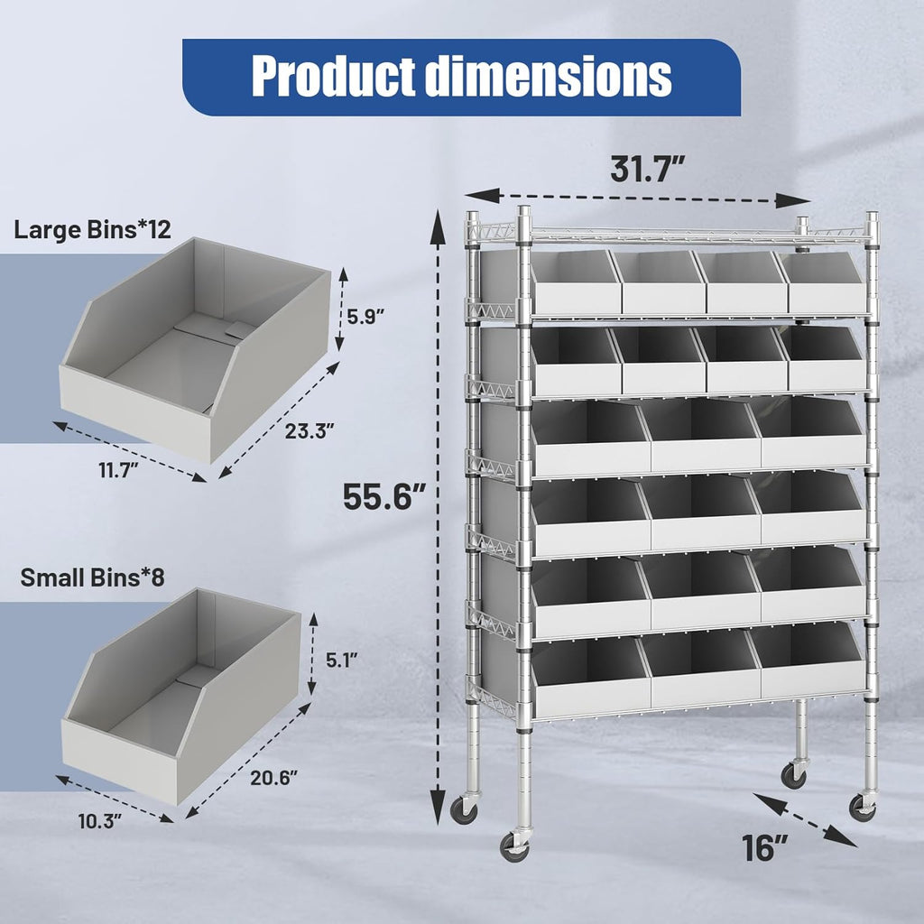 6-Tier Classics Heavy-Duty Bin Rack, Industrial Solid Steel Wire Shelving Storage Unit, Organizer with 20 Bins, Gray, for Garage/Warehouse/Kitchen/Office/Classroom