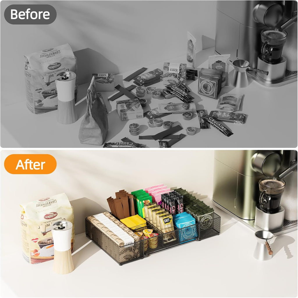 Expandable Snack Organizer, Adjustable Snack Container with 9 Compartments, Kitchen Countertop and Pantry Storage Tray for Tea Bags, Coffee Pods, Candy, and Cookies
