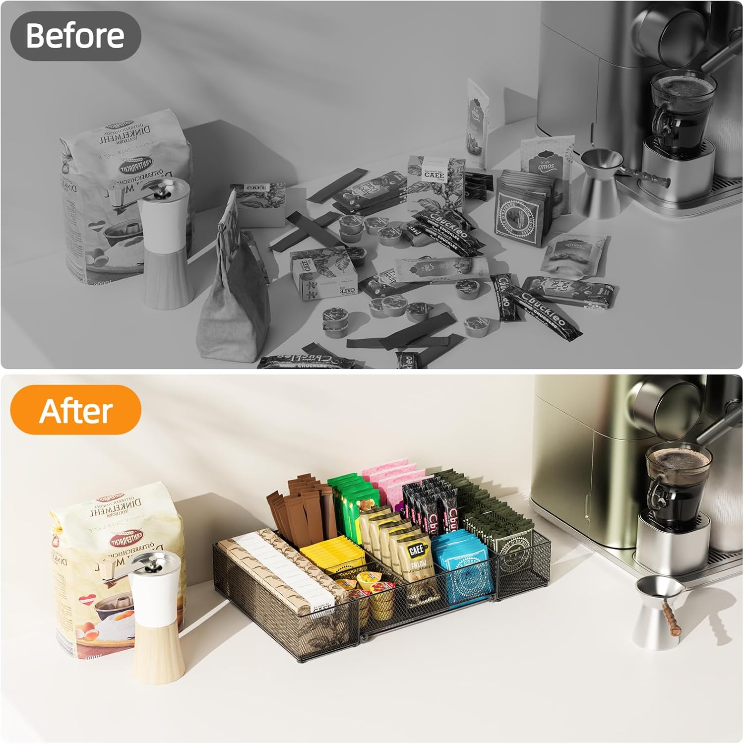 Expandable Snack Organizer, Adjustable Snack Container with 9 Compartments, Kitchen Countertop and Pantry Storage Tray for Tea Bags, Coffee Pods, Candy, and Cookies