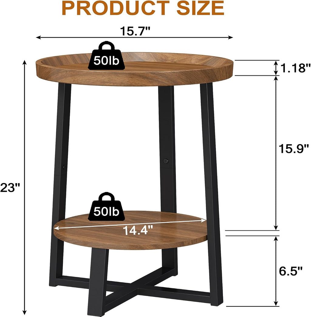 Yusong Round Side Table, Industrial Cherry End Table, Accent Nightstand Bedside Table for Living Room, Bedroom, Sofa Couch