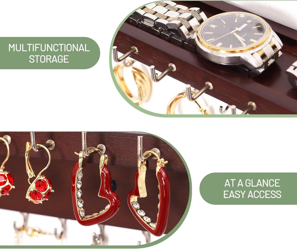 Necklace Holder Organizer Wall Mount,Jewelry Holder Organizer with 30 Hooks,Oak Jewelry Organizer and Storage for Necklaces,Bracelets and Rings (Dark Walnut)