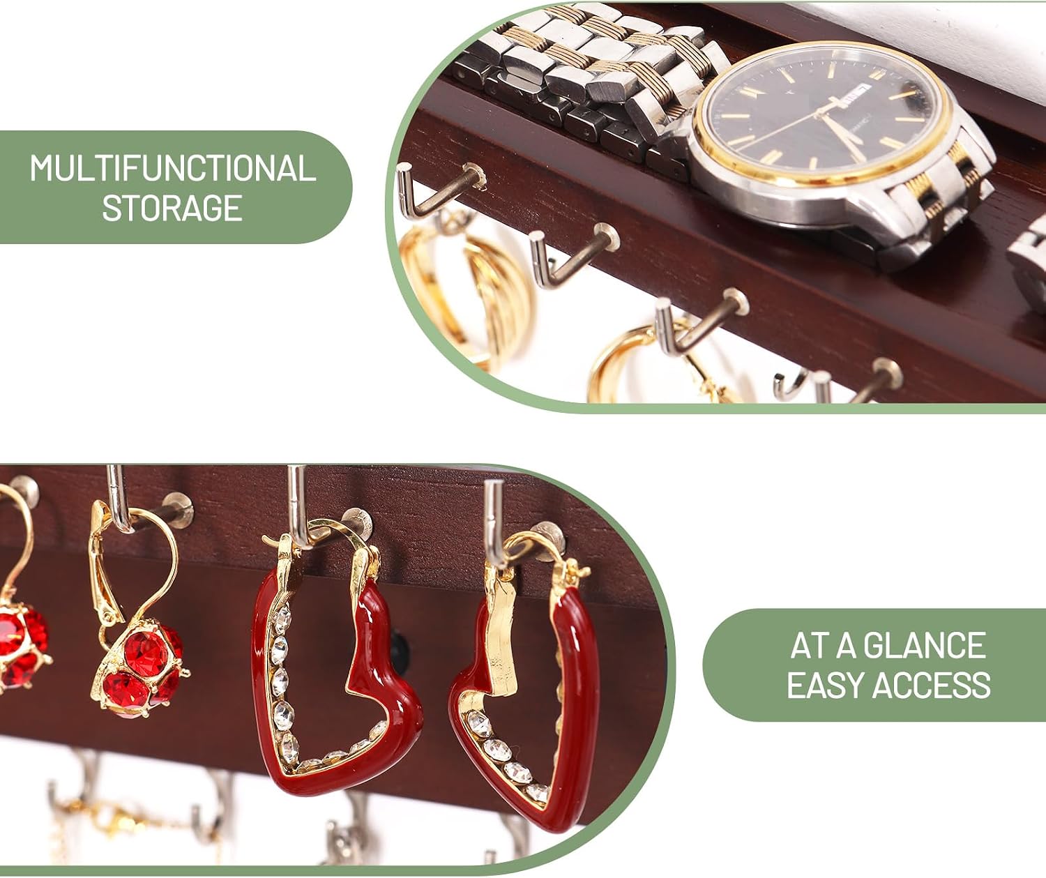Necklace Holder Organizer Wall Mount,Jewelry Holder Organizer with 30 Hooks,Oak Jewelry Organizer and Storage for Necklaces,Bracelets and Rings (Dark Walnut)