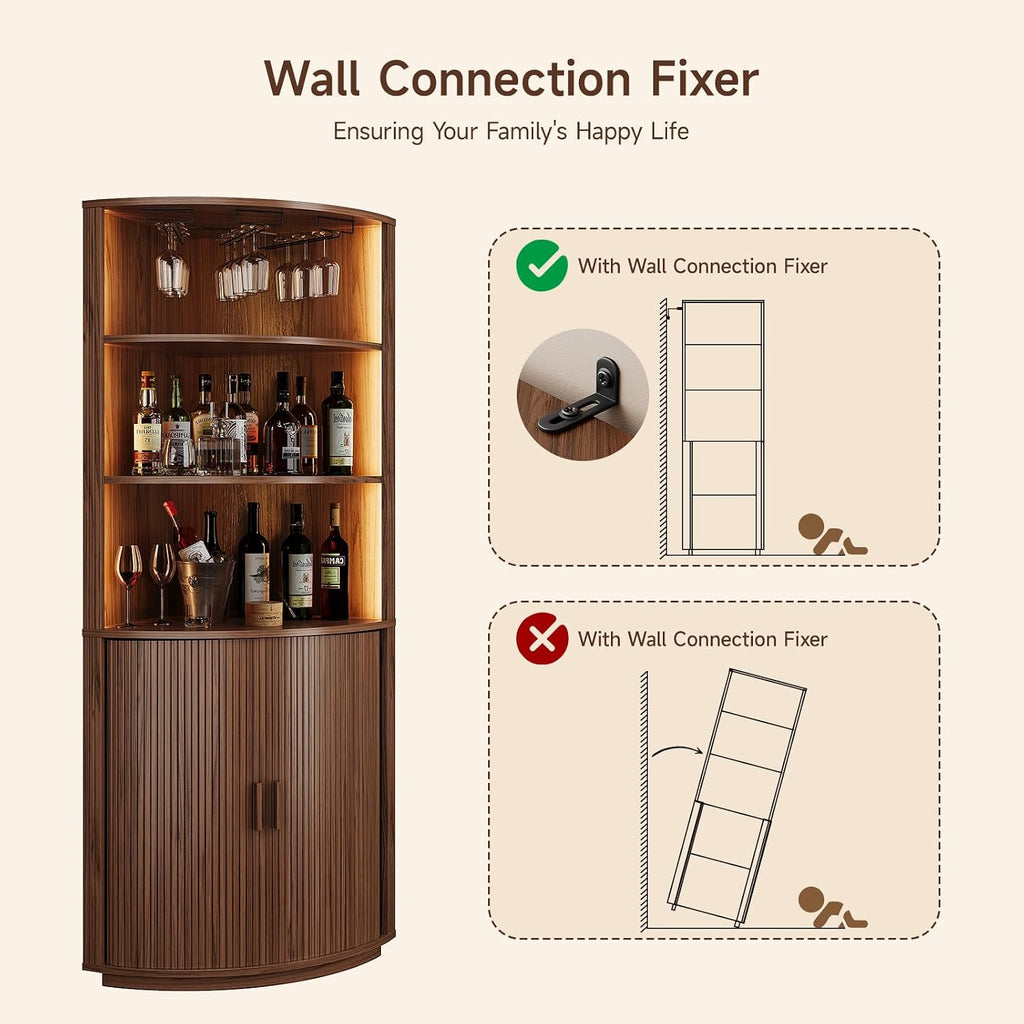 72" Tall Corner Bar Cabinet with LED Lights, Fluted Wine Bar Cabinet with Storage, Mid-century Modern Liquor Cabinets with Sliding Door & Wine Glass Holder, for Dining Room, Living Room Walnut