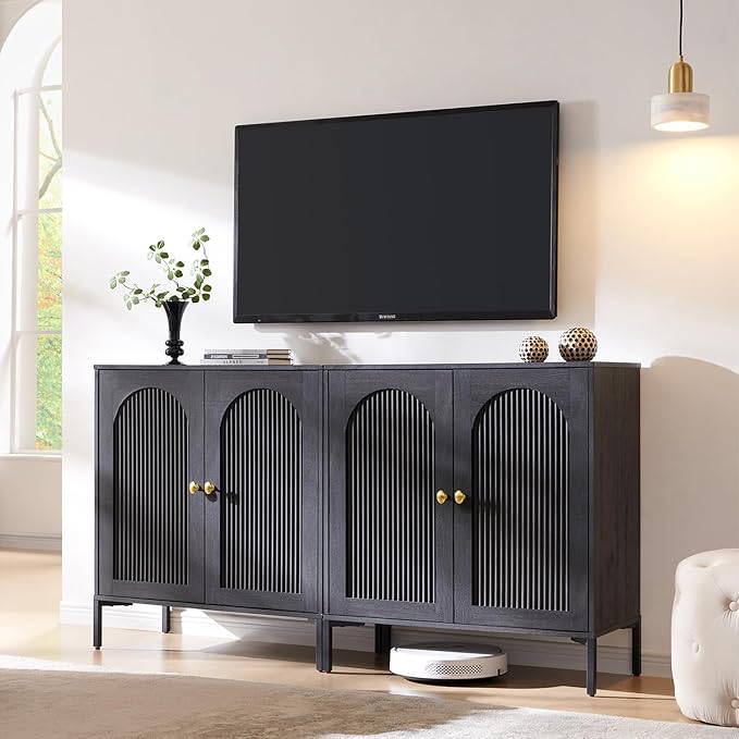 Modern TV Stands for 75 Inch TVs, 61.75‬"W Wood Entertainment Center w/Adjustable Shelves, Mid Century Modern TV Stand w/Arched Fluted Doors, Media Console Cabinet for Living Room, Dark Grey