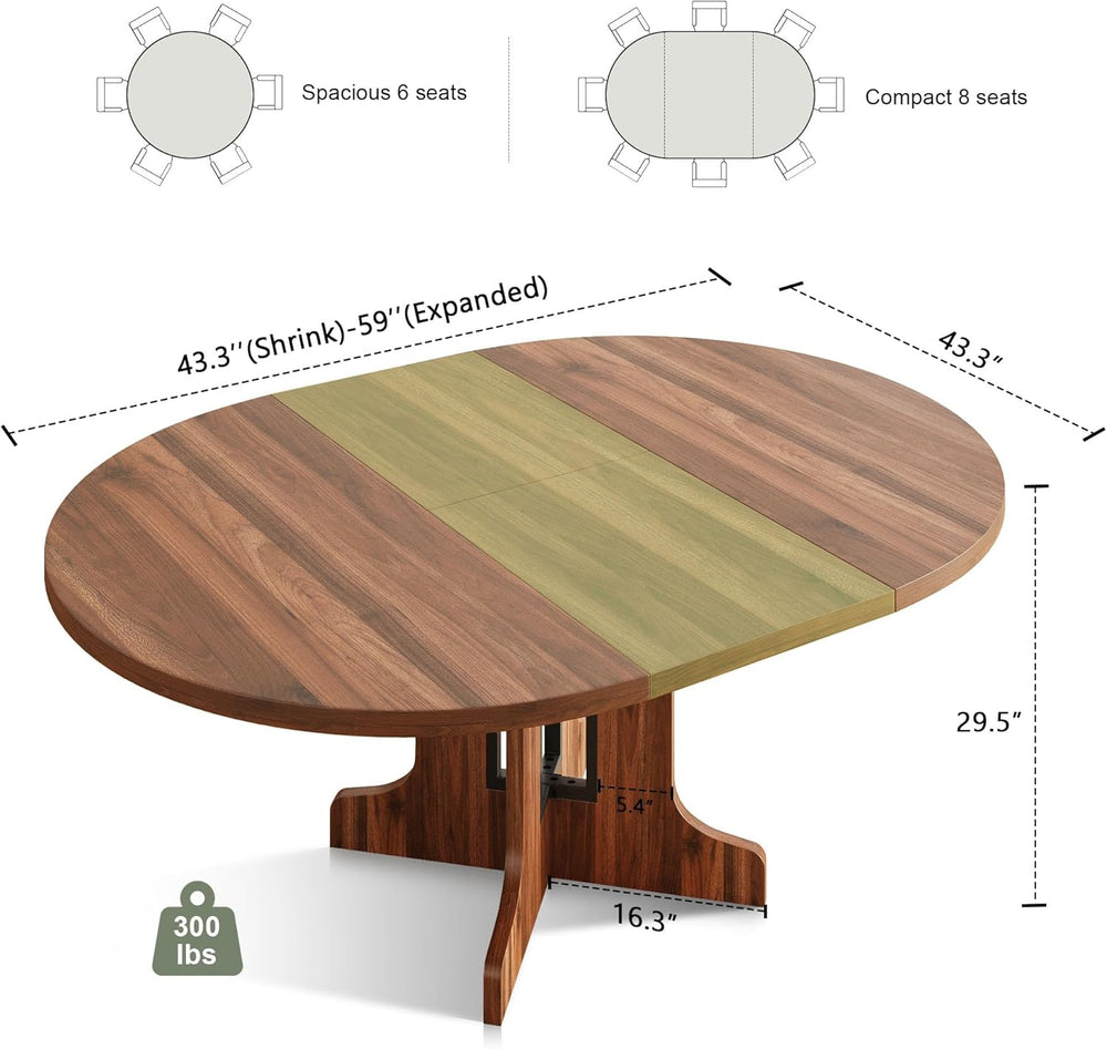 Feonase 59" Round Extendable Dining Room Table for 4-6, Modern Oval Kitc...