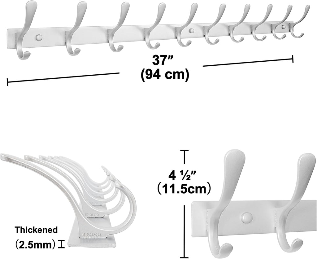SKOLOO Coat Rack Wall Mounted - 10 Hooks, Heavy Duty, Stainless Steel, Metal Wall Hanger, Sturdy Coat Hooks for Hanging Coats, Jacket, Clothes, Hat, Cold Light Silver
