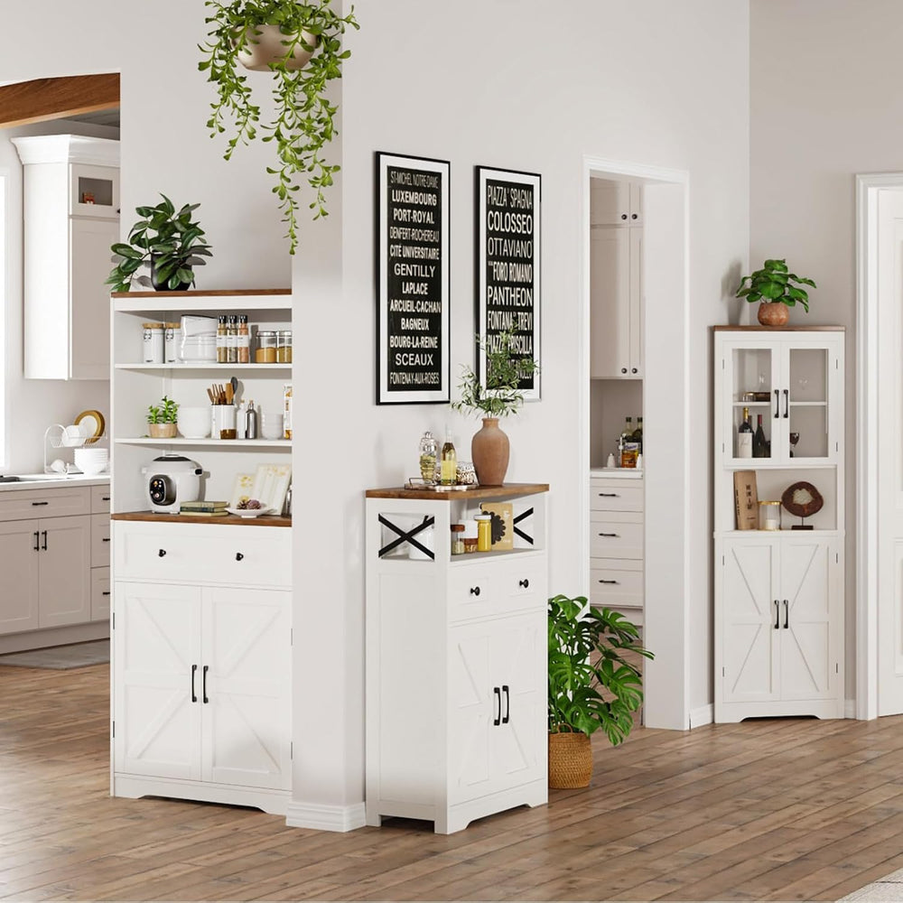 White Farmhouse Storage Cabinet with Doors and Drawers, Small Pantry Hutch