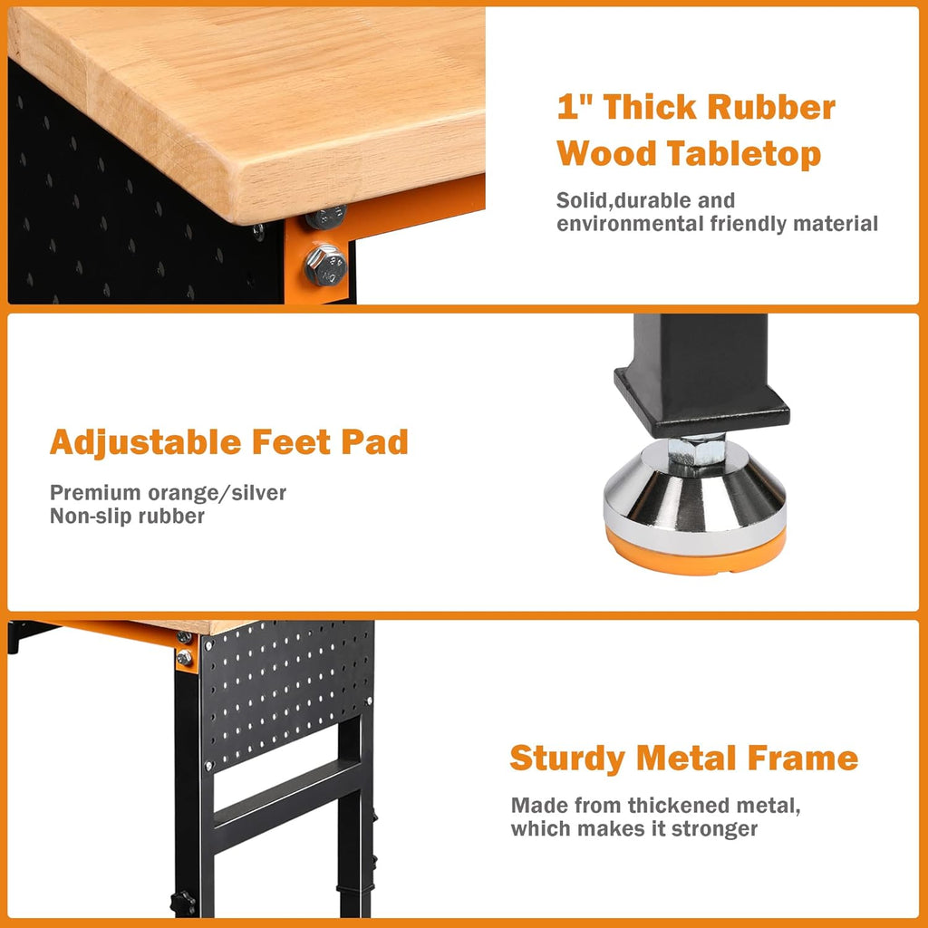 Betterhood 60" Heavy-Duty Adjustable Workbench for Garage, Rubber Wood Shop Table W/Double Pegboards & Drawer,Hardwood Workstation Weight Capacity Over 2000 Lbs