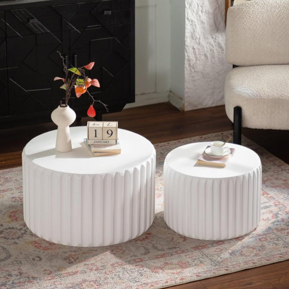 White Round Nesting Coffee Table Set of 2, Drum Side Table, Scalloped End Tab...