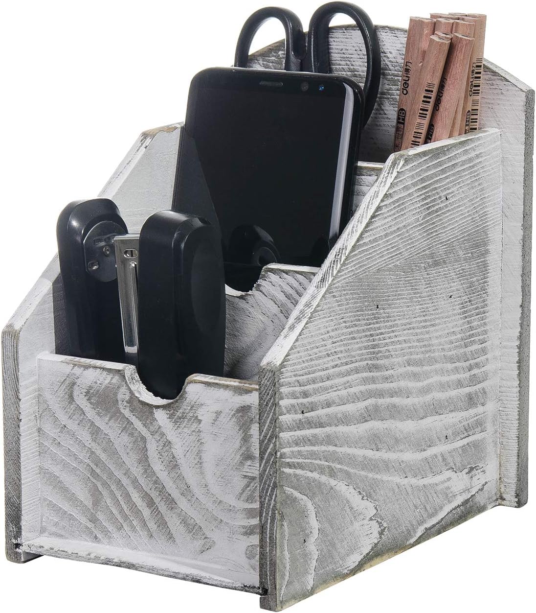 VERGOODR 3 Slot Rustic Wooden Remote Control Frame Media Organizer, Office Supply Storage Rack,Pen storage box (Grey)