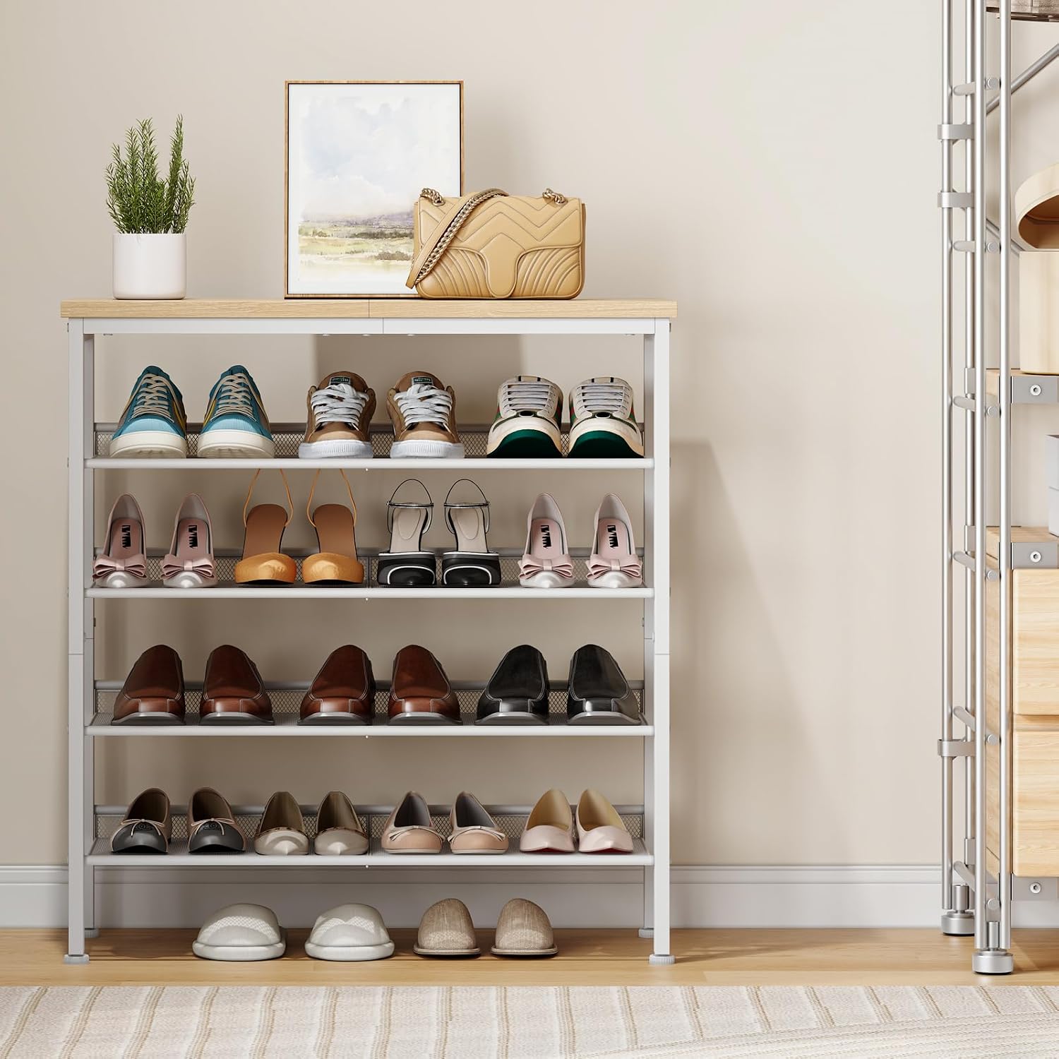HOOBRO Shoe Rack for Entryway, 5-Tier Shoe Organizer with Adjustable Mesh Shelves, 12-16 Pairs of Shoes, Spacious Floor Mount, Metal, Industrial, Shoe Shelf for Closet, Natural and White WN12XJ01