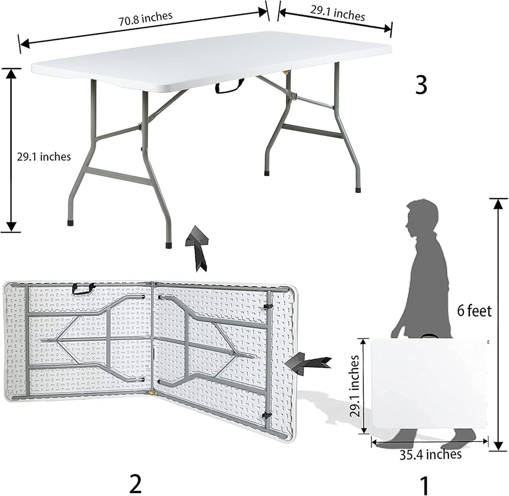 6 Foot Folding Table 6ft Foldable Portable Plastic Tables for Party, Fold-in-...