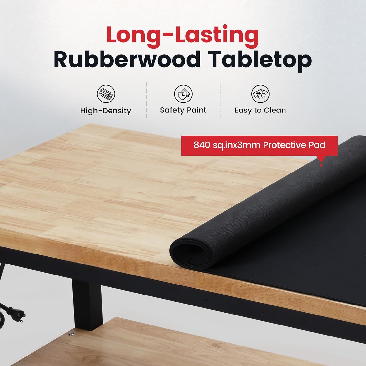 48 Inch Work Table for Garage Adjustable Height Rubber Wood Tabletop Workbench with Storage Work Bench Table with Power Outlets Pegboard Pad for Woodworking Shop Home Office