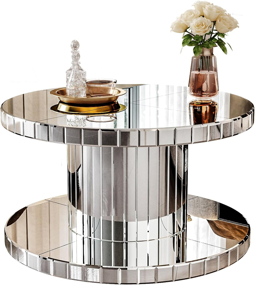 Double Tier Luxury Round Mirror Coffee End Table with Glass 31.5" Diamet...