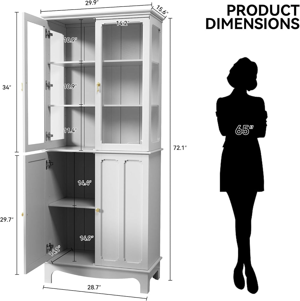 ARTPOWER 72" China Cabinet, Freestanding Kitchen Pantry with Tempered Gl...