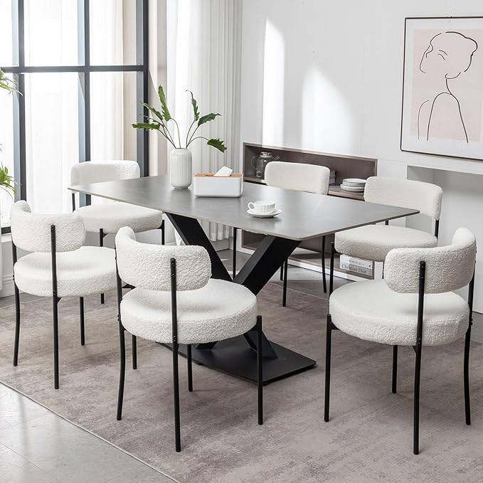 White Boucle Dining Chairs Set of 6, Upholstered Dining Room Chairs with Black Metal Legs, Round Modern Dining Chair for Dining Room, Kitchen