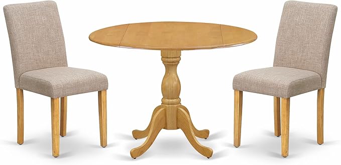 East West Furniture DMAB3-OAK-04 3 Piece Kitchen Table Set Contains a Round Dining Room Table with Dropleaf and 2 Light Tan Linen Fabric Parsons Dining Chairs, 42x42 Inch, Oak