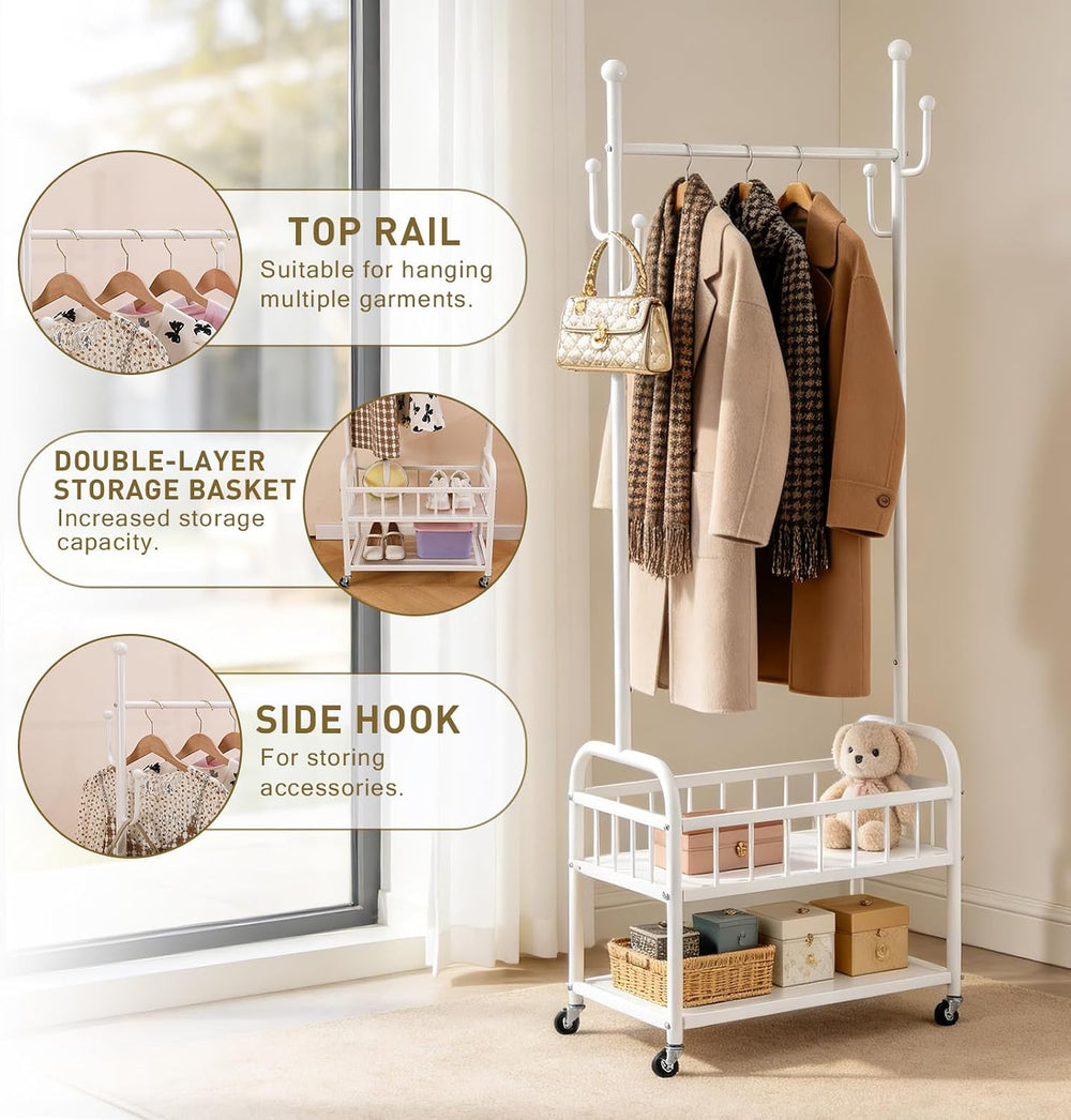 Free Standing Rolling Clothes Rack with Wheels Shoe Storage - White