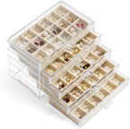 YUFONG Jewelry Organizer with 5 Drawers Clear Acrylic Earring Display Case Velvet Jewelry Storage Box Display Holder for Earring Ring Bracelet Necklace (Beige, 90 Grids)