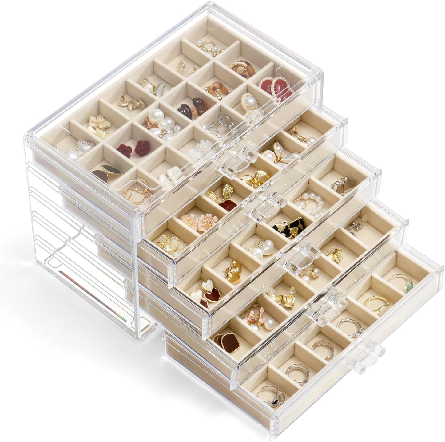 YUFONG Jewelry Organizer with 5 Drawers Clear Acrylic Earring Display Case Velvet Jewelry Storage Box Display Holder for Earring Ring Bracelet Necklace (Beige, 90 Grids)