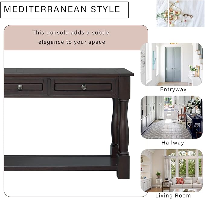 Merax 64" Classic Wood Console Table with Drawers and Bottom Shelf for Entryway Hallway Living Room (Espresso)