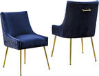 Velvet Dining Chairs Set of 2 Gold Legs,Upholstered Velvet Accent Chairs, Pleated Back Design & Gold Pull Handle, Mid Century Modern Chairs for Dining/Kitchen/Living Room,Blue