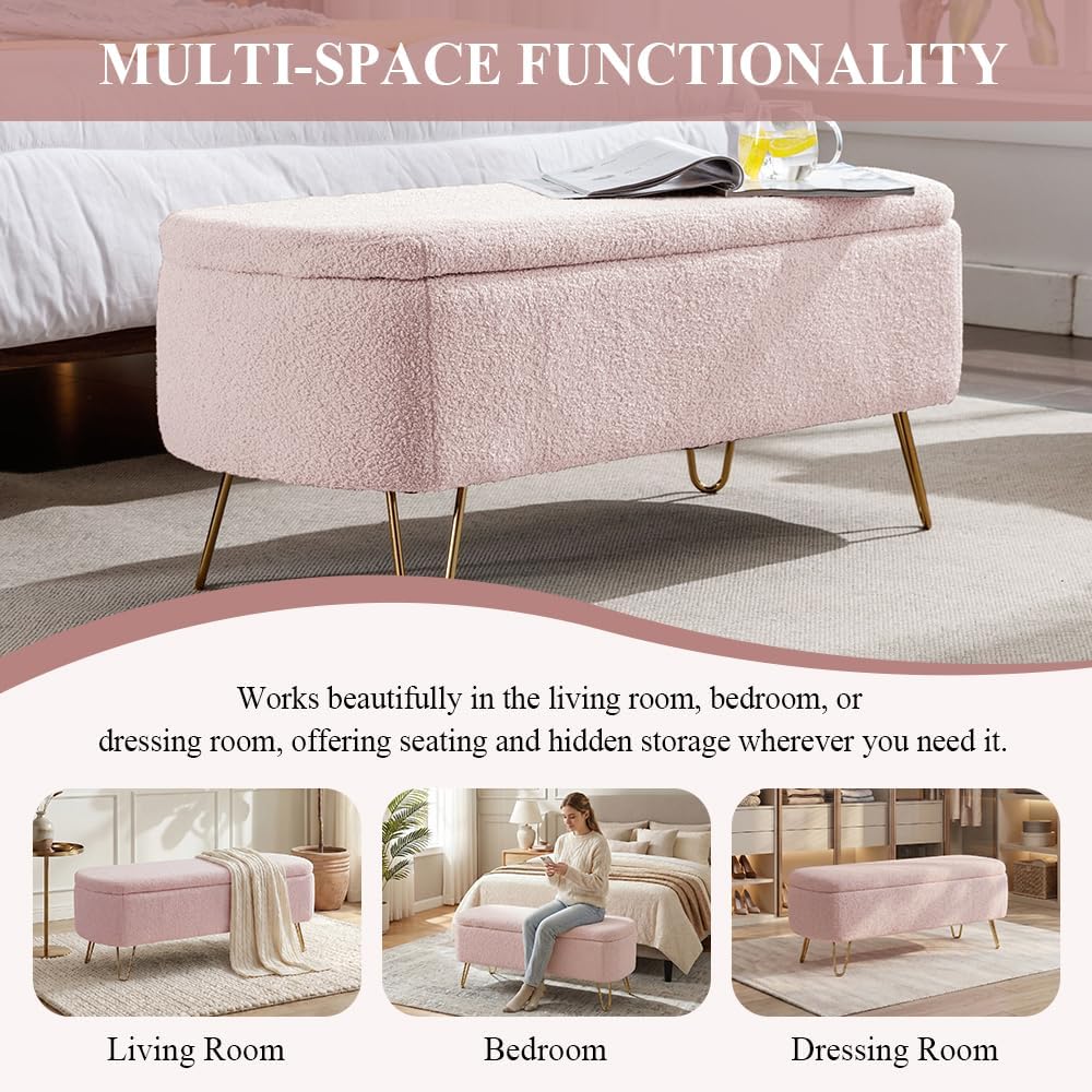 Modern Storage Ottoman Bench, Teddy Upholstered Entryway Bench with Gold Legs...