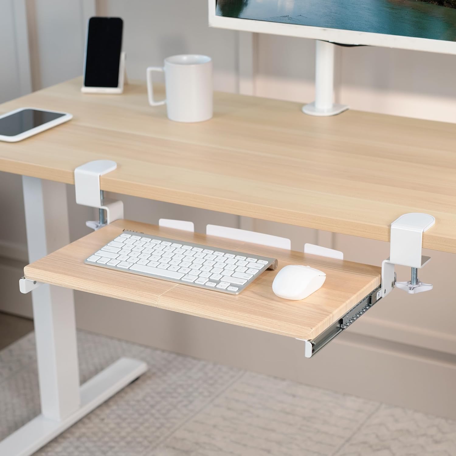 VIVO Small Clamp-on Computer Keyboard and Mouse Under Desk Slider Tray, 20 x 11 inch Pull Out Platform Drawer, Light Wood, MOUNT-KB05ES-A