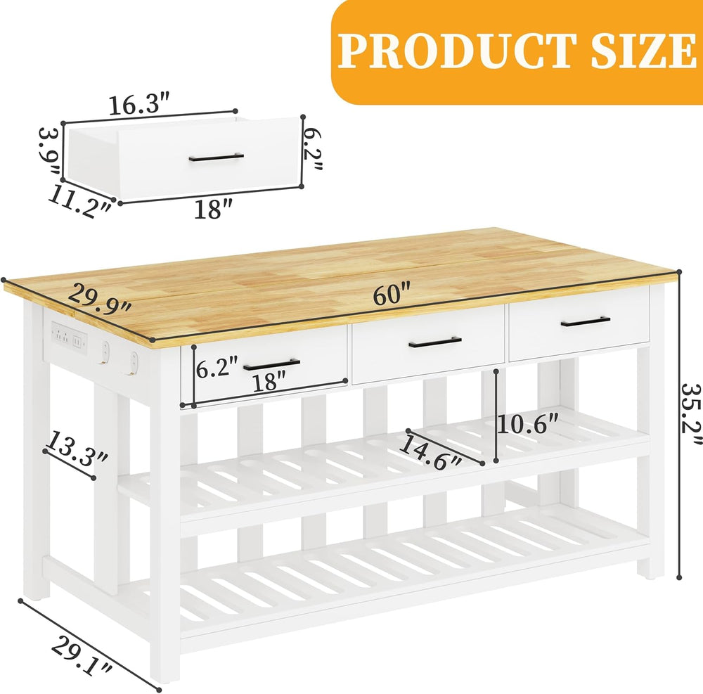 DynJest 60" Solid Rubberwood Kitchen Island with Power Outlets, Hooks,Wh...