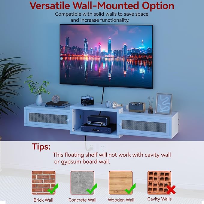 IBUYKE Modern Rattan Floating TV Stand with Doors,Wall Mounted TV Shelf for TVs up to 55 Inches,Media Console Entertainment Center for Under TV Storage Cabinet for Living Room Bedroom,White UWST012W