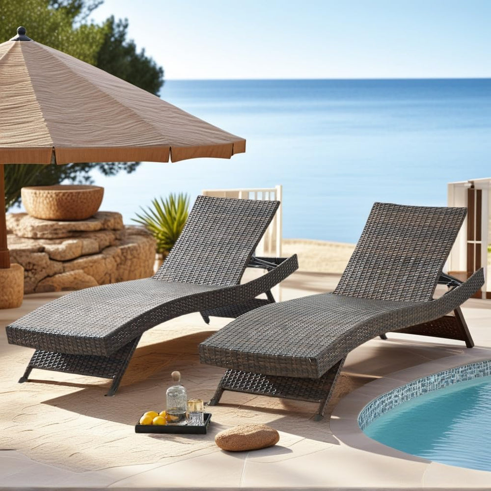 PE Rattan Adjustable Backrest Chaise Lounge Set 2, Outdoor Pool Recliner Pati...