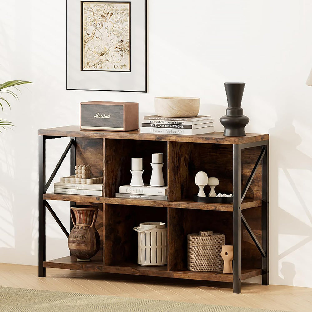6 Cube Storage Organizer Bookshelf, Industrial Horizontal Bookcase, Accent Cu...